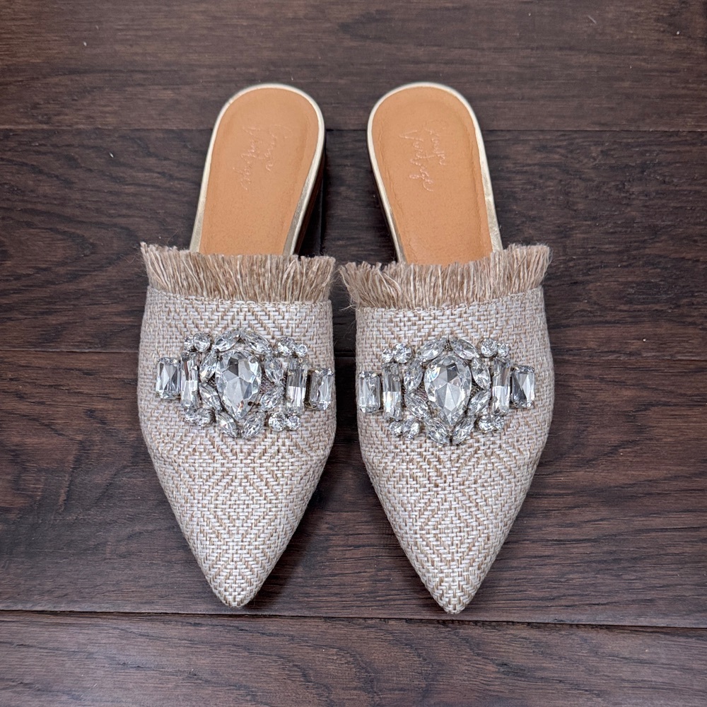 Crown Vintage Textured Cream Mules with Embellishments
